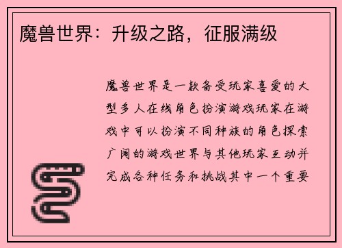 魔兽世界：升级之路，征服满级